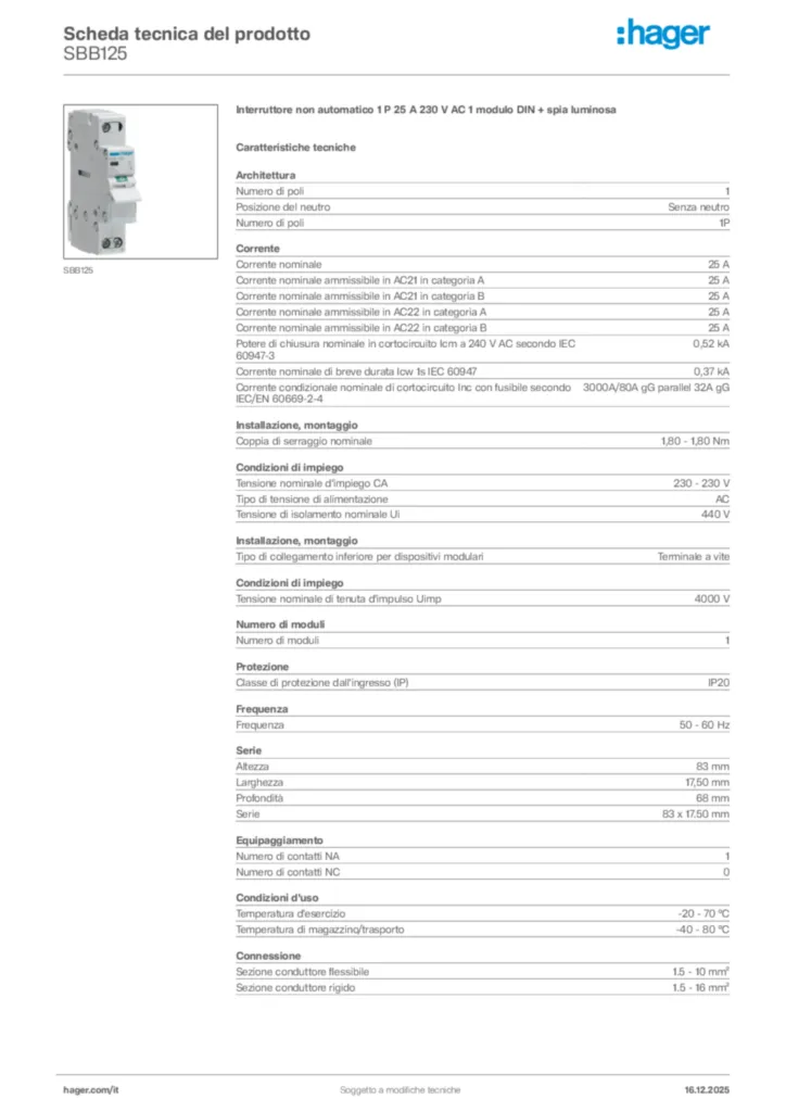 Immagine Hager Scheda tecnica del prodotto SBB125 | Hager Italia