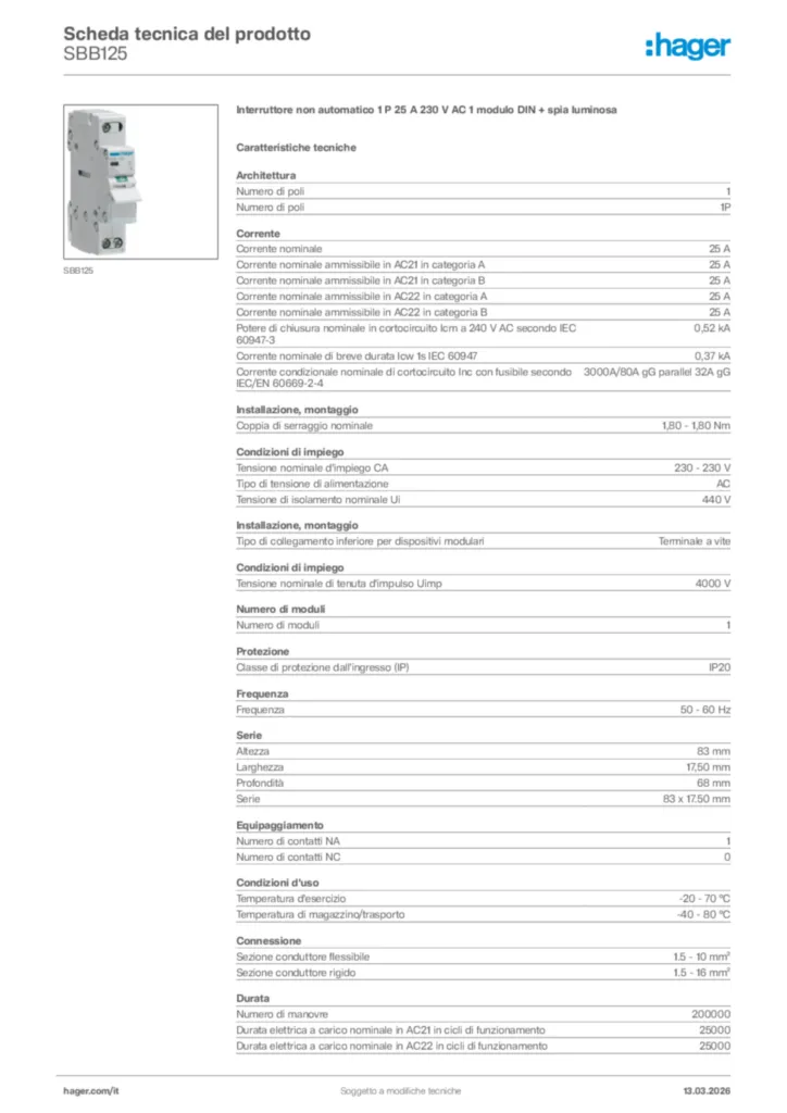 Immagine Hager Scheda tecnica del prodotto SBB125 | Hager Italia