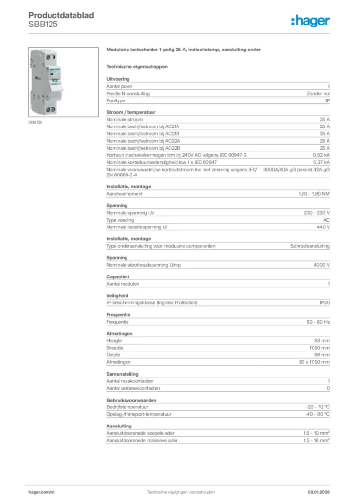 Afbeelding Hager Productdatablad SBB125 | Hager Nederland