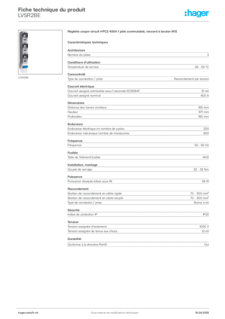 Image Hager Fiche technique du produit LVSR2BE | Hager Suisse