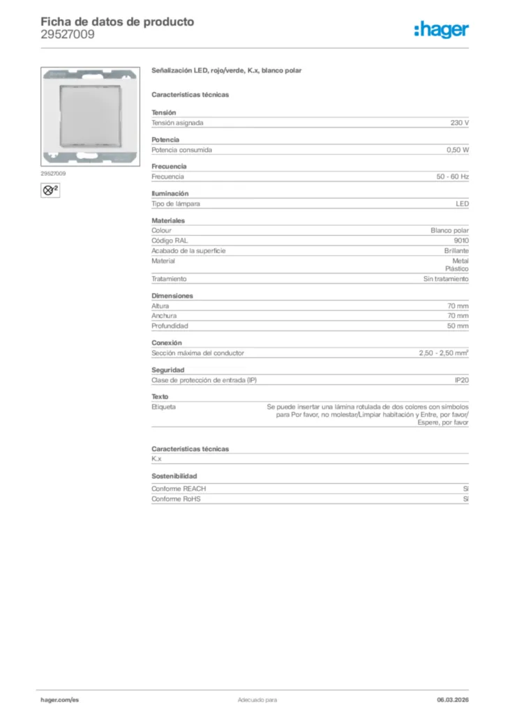 Imagen Hager Ficha de datos de producto 29527009 | Hager España