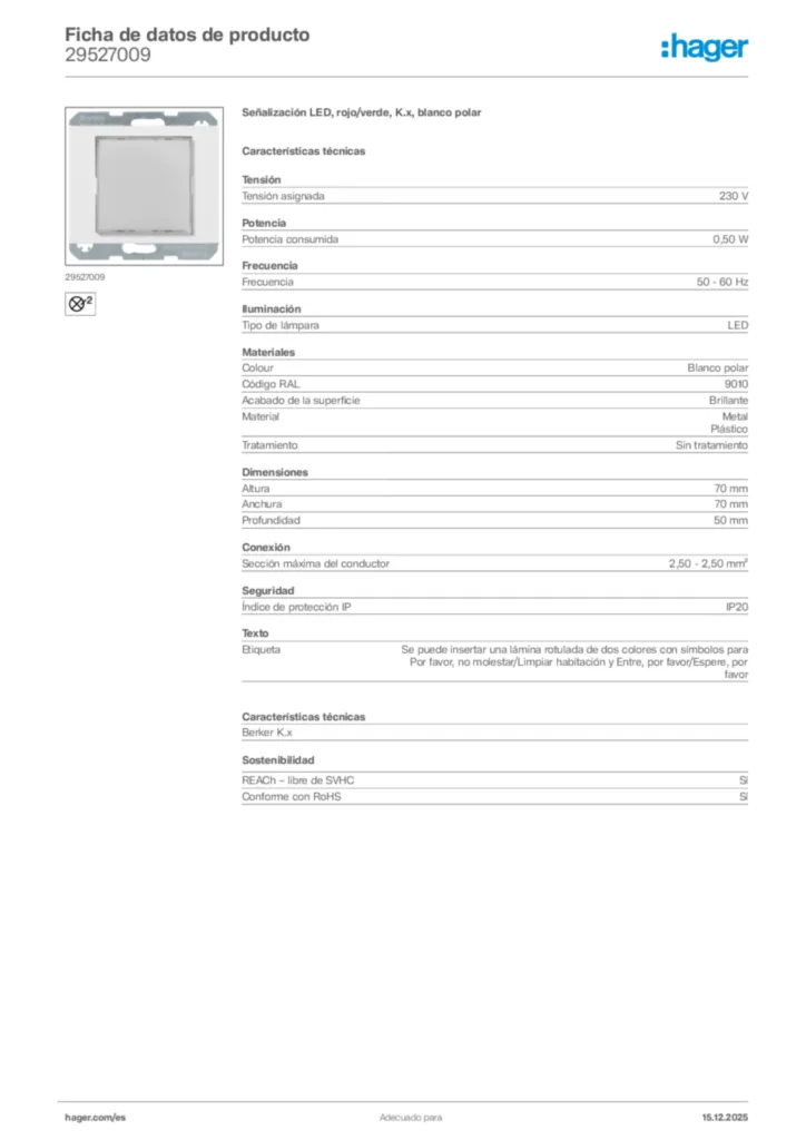 Imagen Hager Ficha de datos de producto 29527009 | Hager España