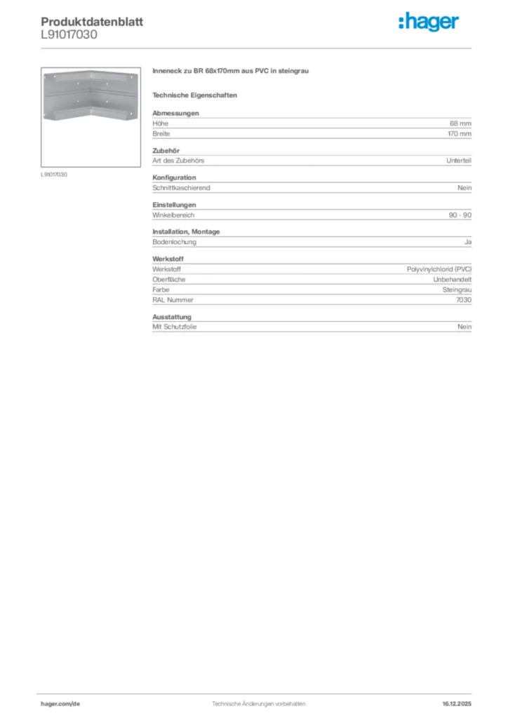 Bild Hager Produktdatenblatt L91017030 | Hager Deutschland