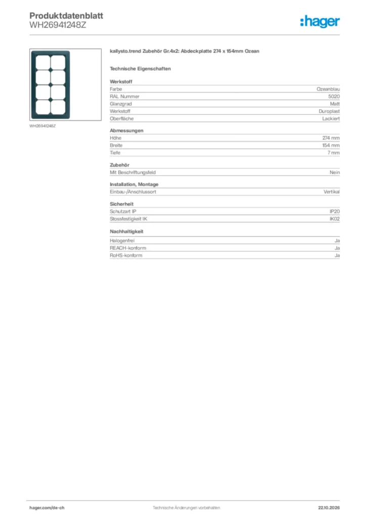 Bild Hager Produktdatenblatt WH26941248Z | Hager Schweiz