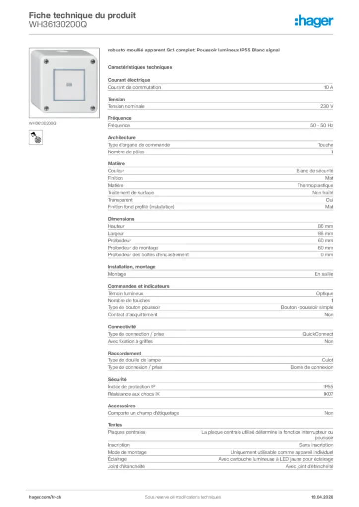 Image Hager Fiche technique du produit WH36130200Q | Hager Suisse