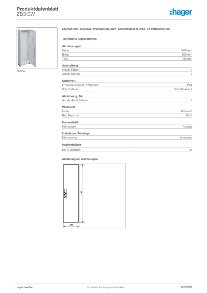 Bild Hager Produktdatenblatt ZB31EW | Hager Deutschland