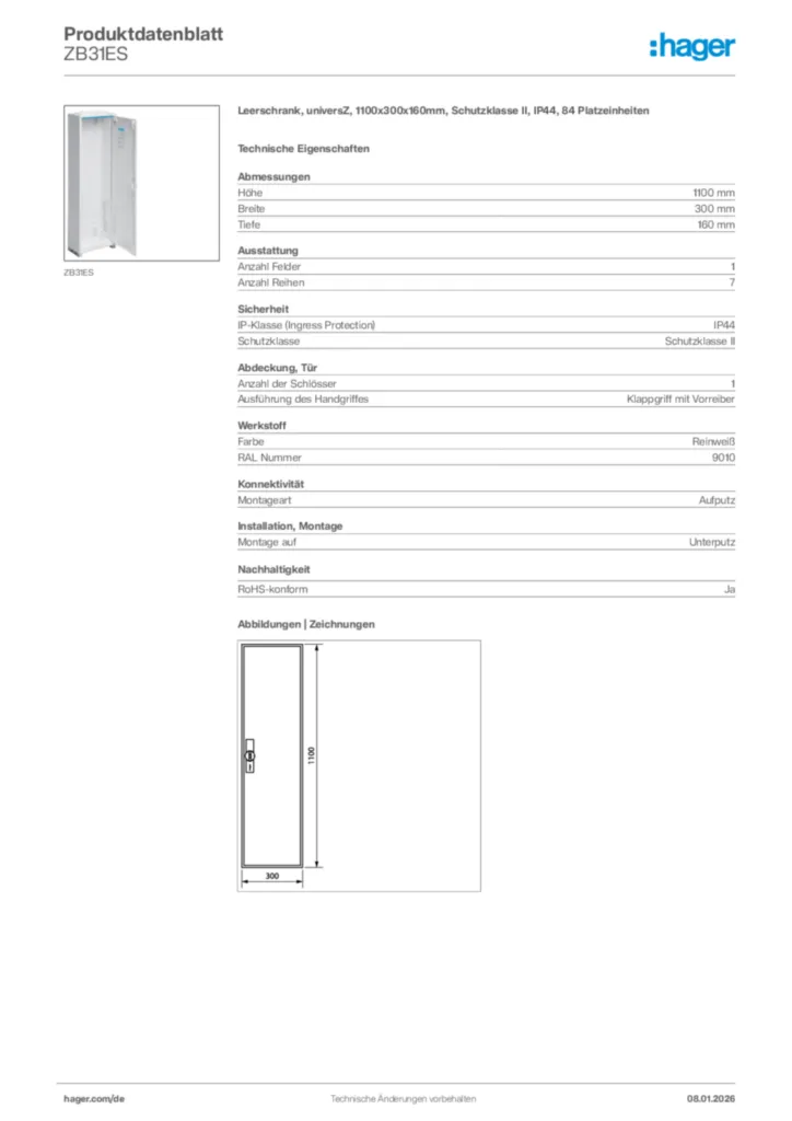 Bild Hager Produktdatenblatt ZB31ES | Hager Deutschland