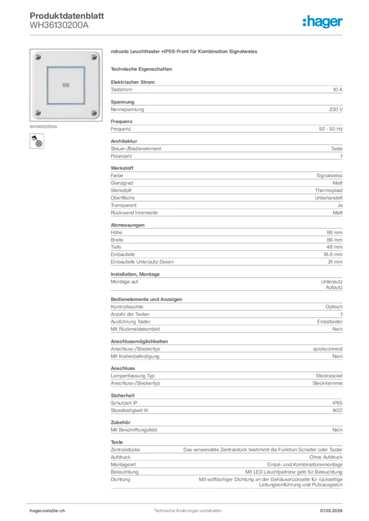Bild Hager Produktdatenblatt WH36130200A | Hager Schweiz