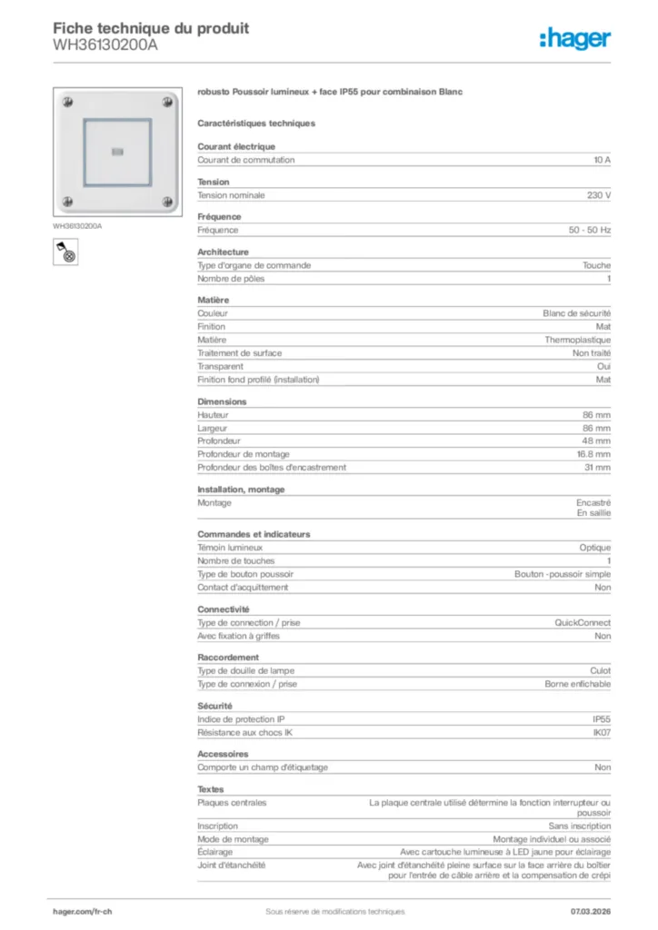 Image Hager Fiche technique du produit WH36130200A | Hager Suisse
