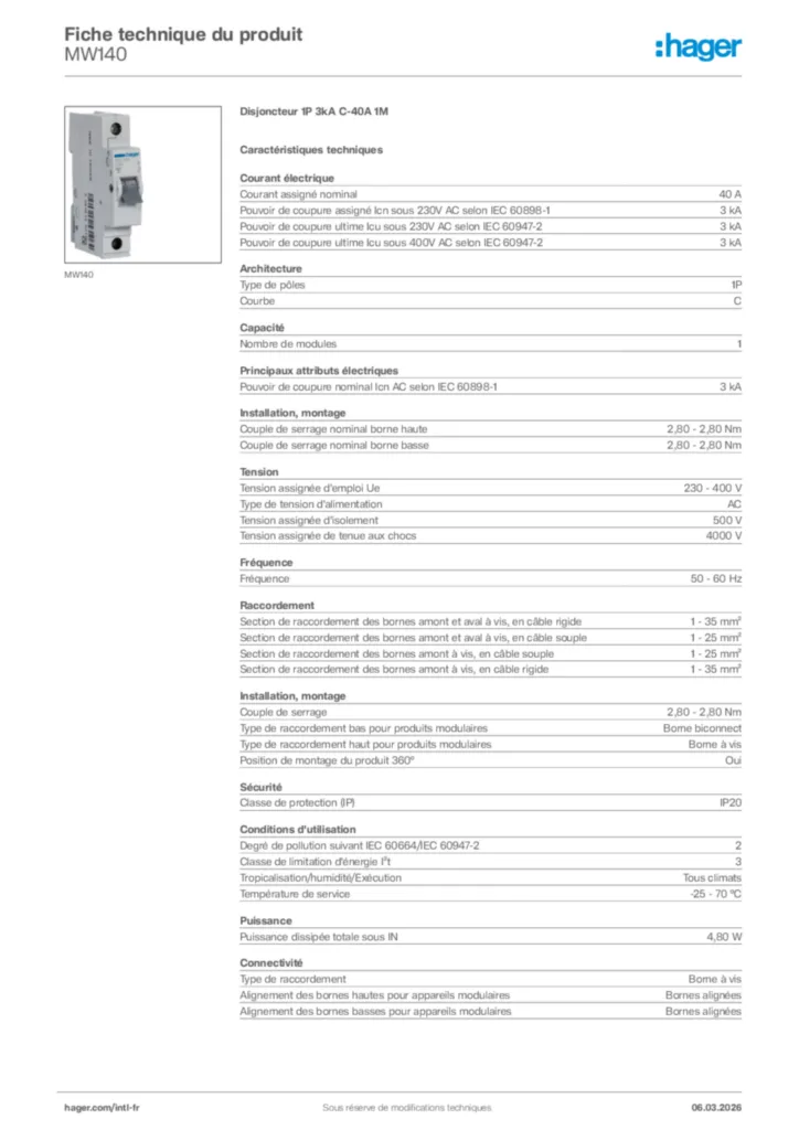 Image Hager Fiche technique du produit MW140 | Hager Afrique