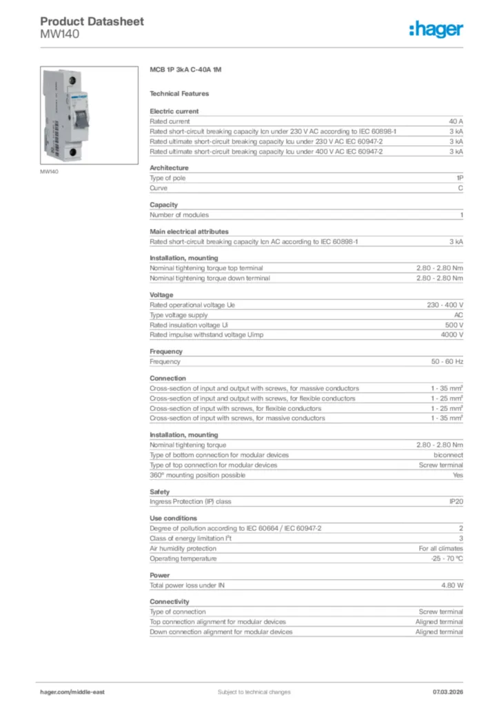 Image Hager Product data sheet MW140  | Hager