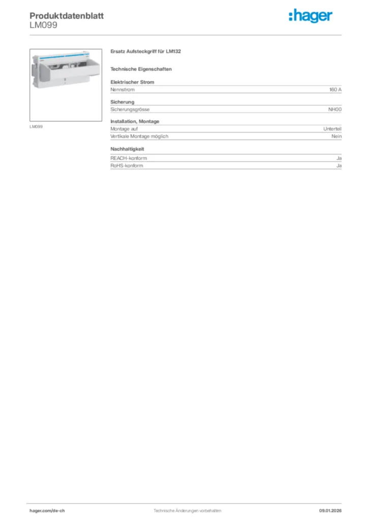 Bild Hager Produktdatenblatt LM099 | Hager Schweiz