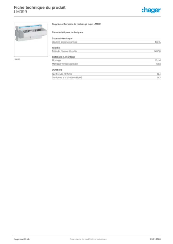 Image Hager Fiche technique du produit LM099 | Hager Suisse