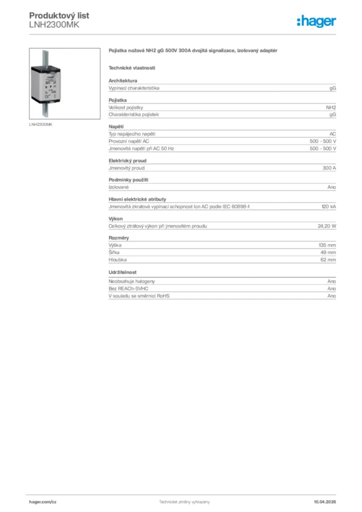 Obrázek Hager Product data sheet LNH2300MK | Hager