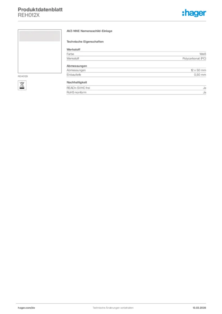 Bild Hager Produktdatenblatt REH012X | Hager Deutschland