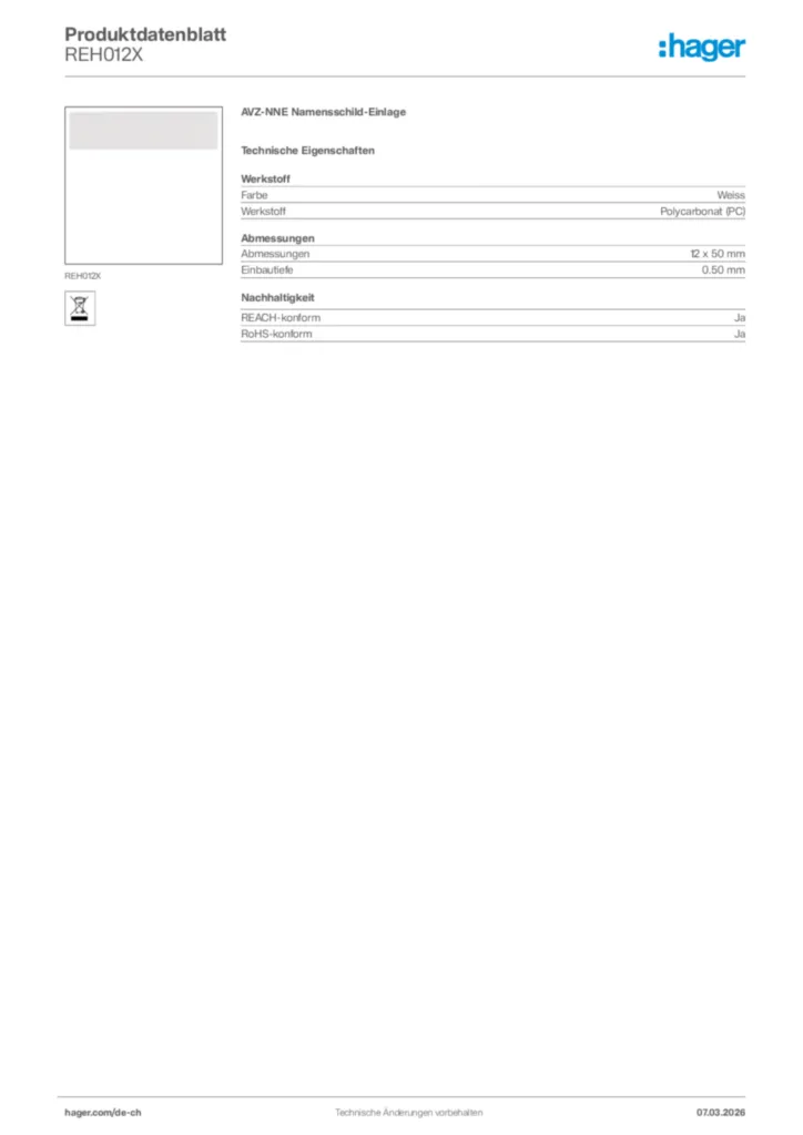 Bild Hager Produktdatenblatt REH012X | Hager Schweiz