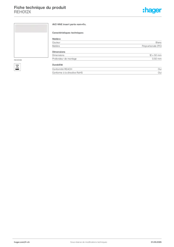 Image Hager Fiche technique du produit REH012X | Hager Suisse