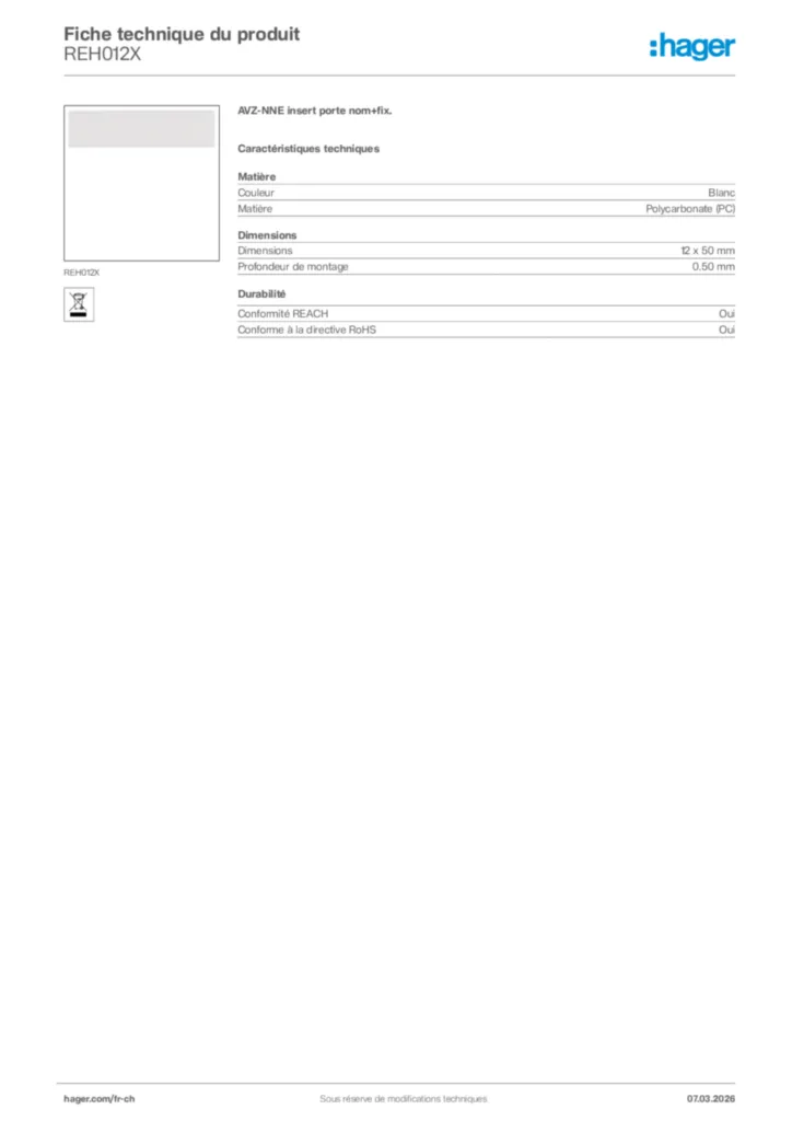 Image Hager Fiche technique du produit REH012X | Hager Suisse