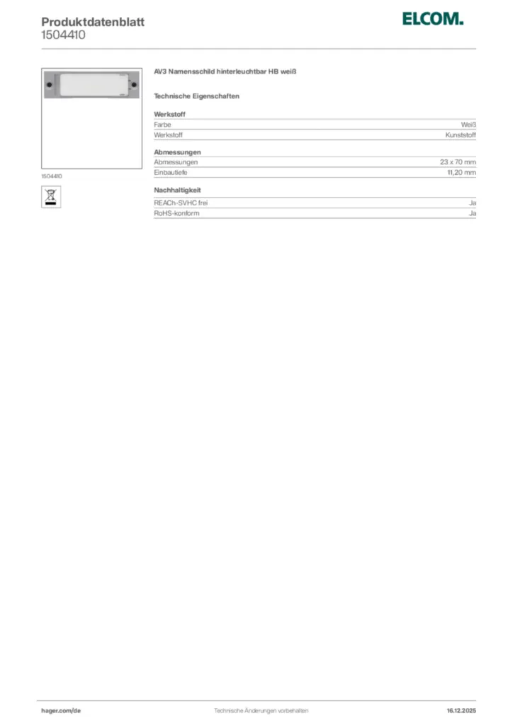 Bild Elcom Produktdatenblatt 1504410 | Hager Deutschland