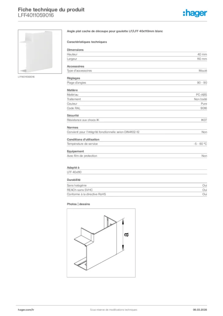 Image Hager Fiche technique du produit LFF4011059016 | Hager France