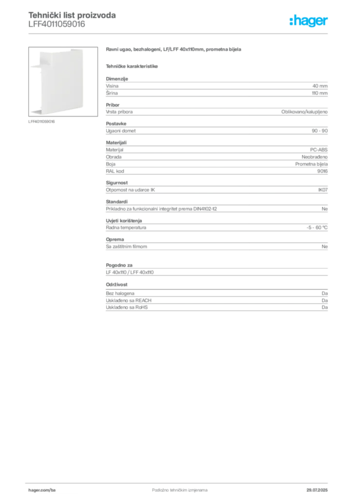 Slika Hager Product data sheet LFF4011059016  | Hager