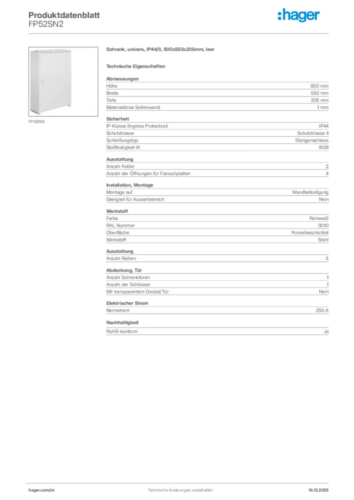 Bild Hager Produktdatenblatt FP52SN2 | Hager Deutschland