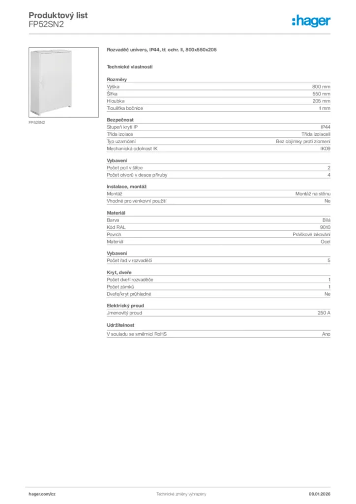 Obrázek Hager Product data sheet FP52SN2 | Hager