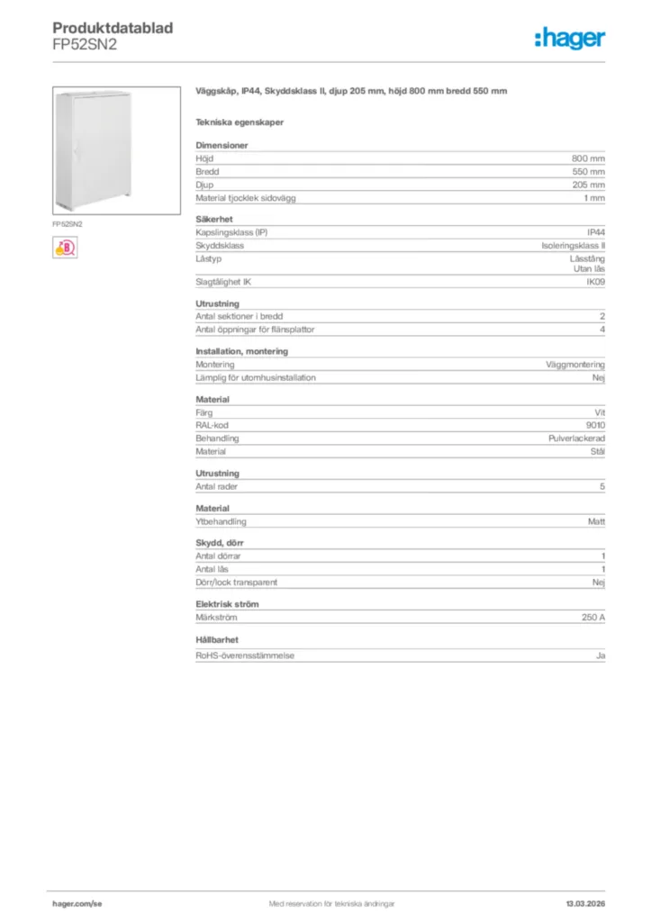 Bild Hager Produktdatablad FP52SN2 | Hager Sverige