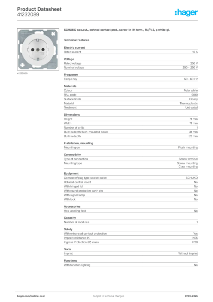 Image Hager Product data sheet 41232089  | Hager