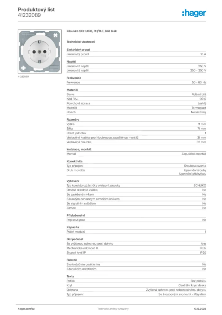 Obrázek Hager Produktový list 41232089 | Hager