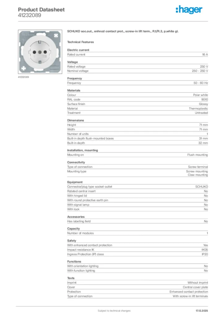 Image Hager Product data sheet 41232089  | Hager
