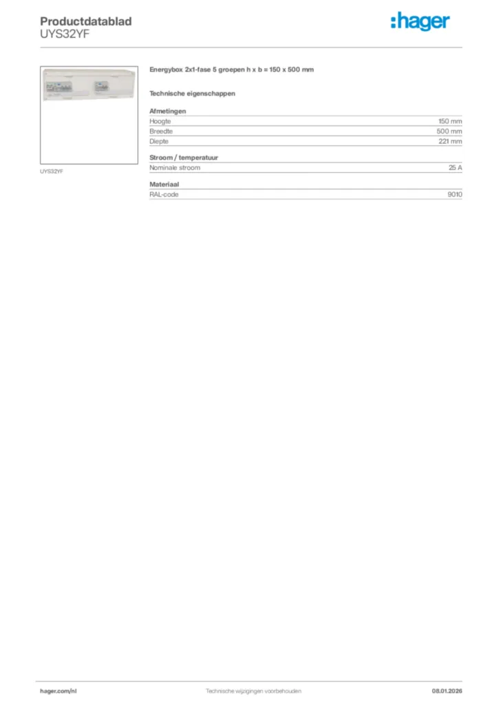 Afbeelding Hager Productdatablad UYS32YF | Hager Nederland