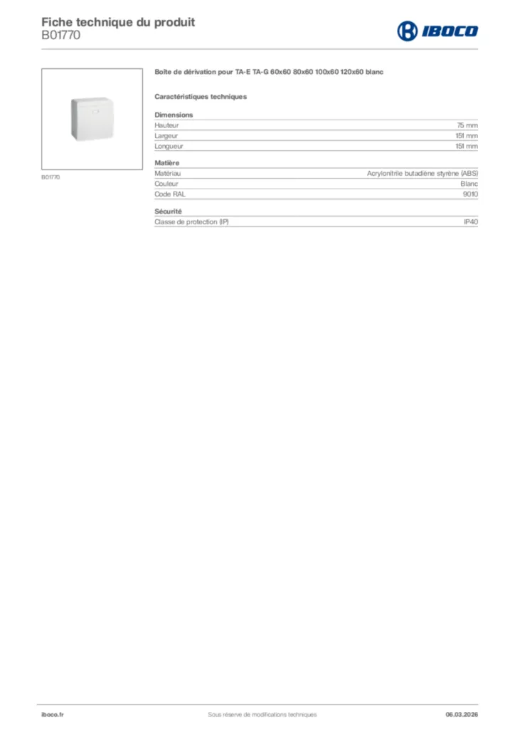 Image Iboco Fiche technique du produit B01770 | Hager France