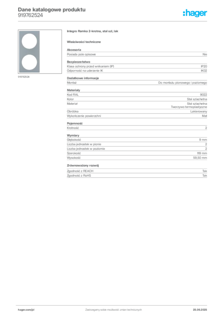 Zdjęcie Hager Karta katalogowa 919762524 | Hager Polska