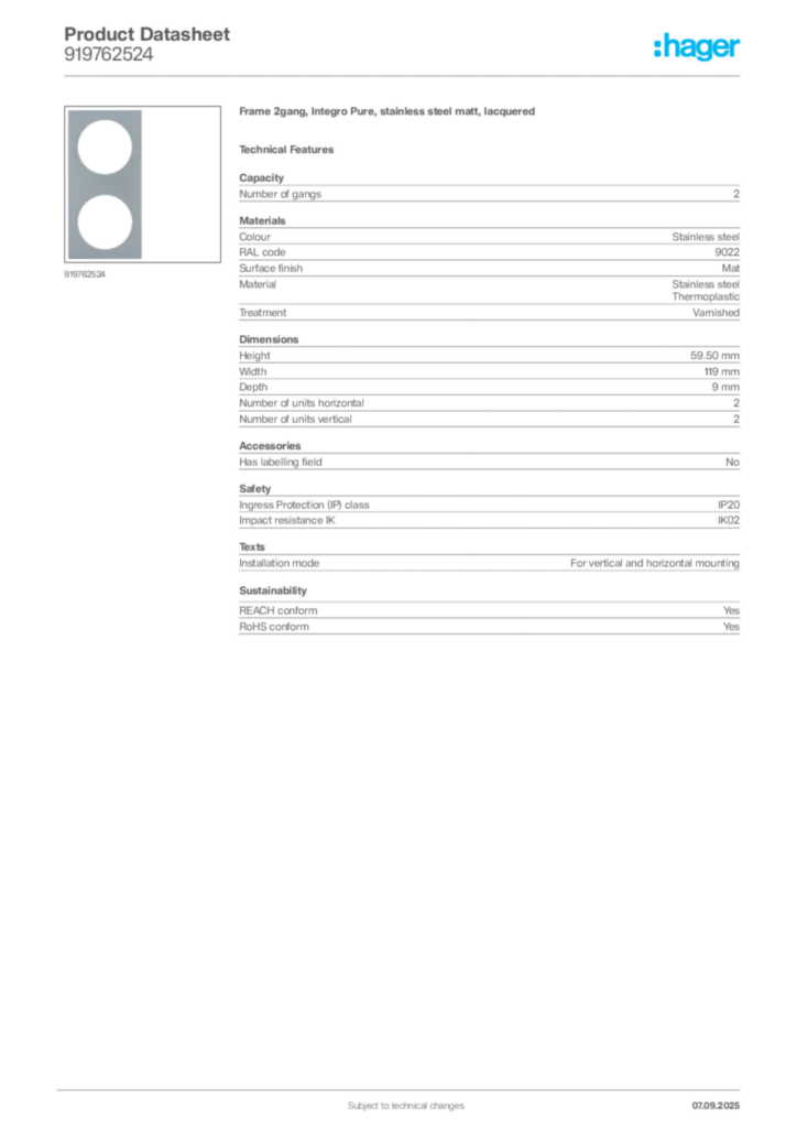 Image Hager Product data sheet 919762524  | Hager