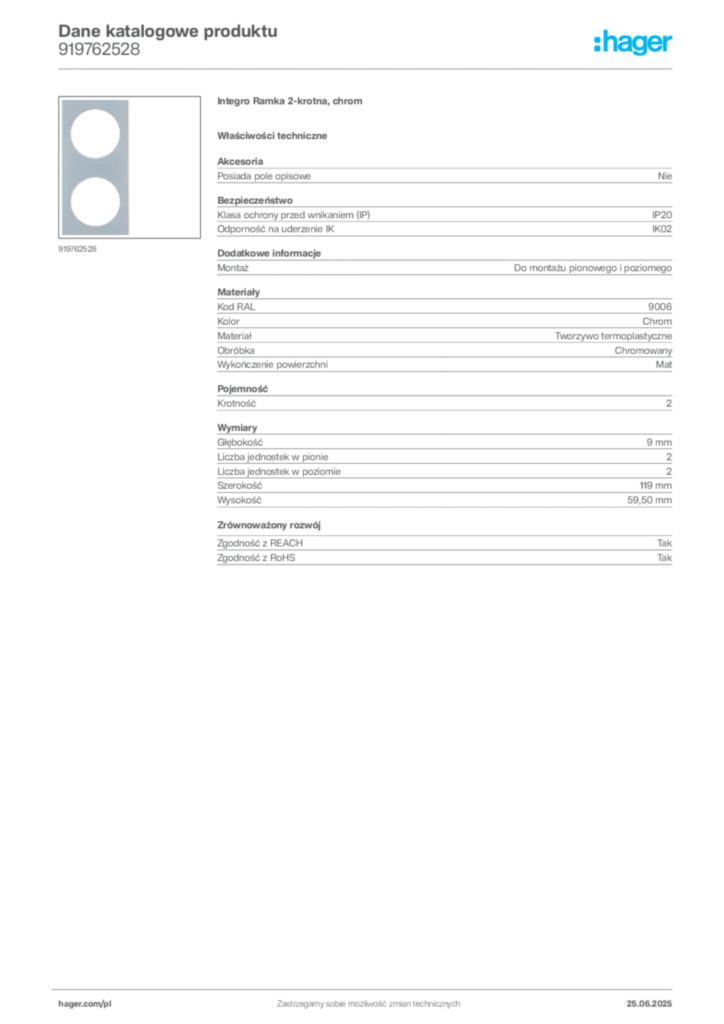 Zdjęcie Hager Karta katalogowa 919762528 | Hager Polska