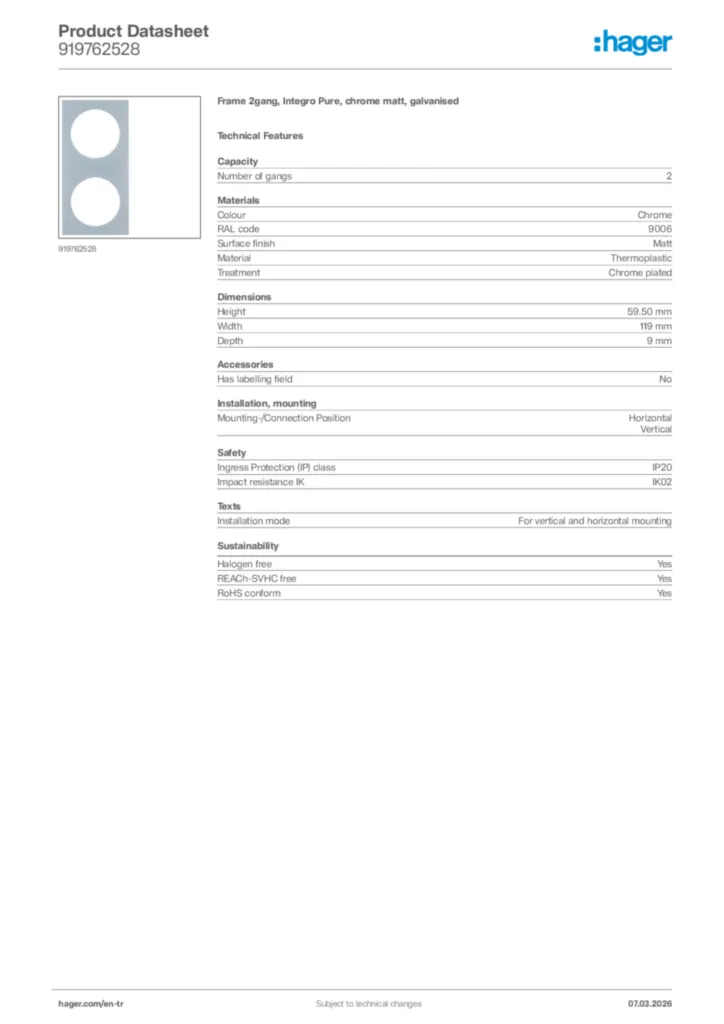 Image Hager Product data sheet 919762528  | Hager