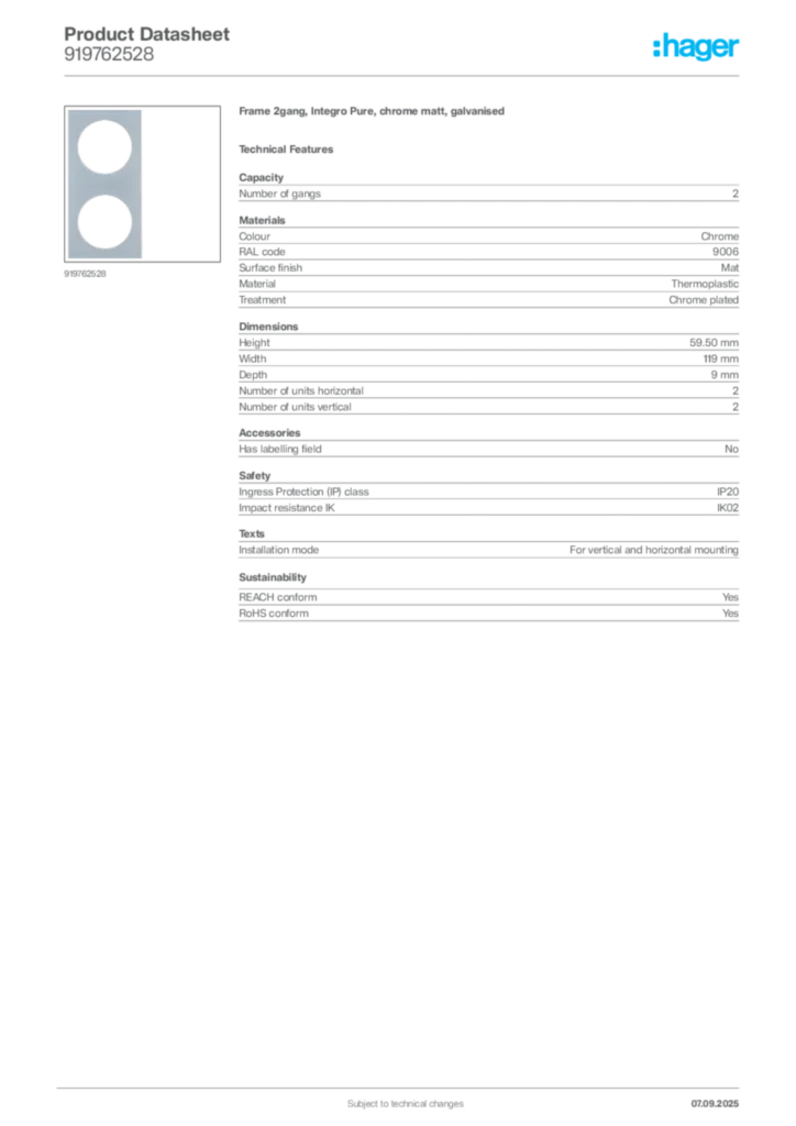 Image Hager Product data sheet 919762528  | Hager