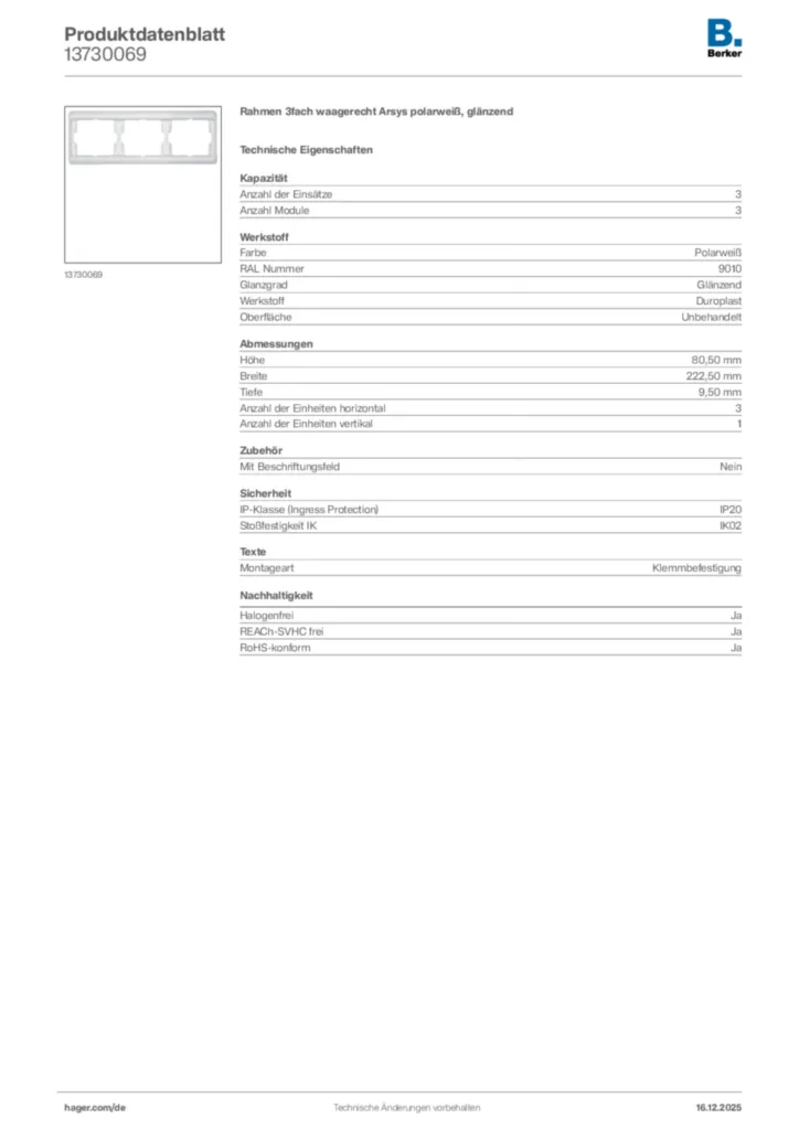 Bild Berker Produktdatenblatt 13730069 | Hager Deutschland