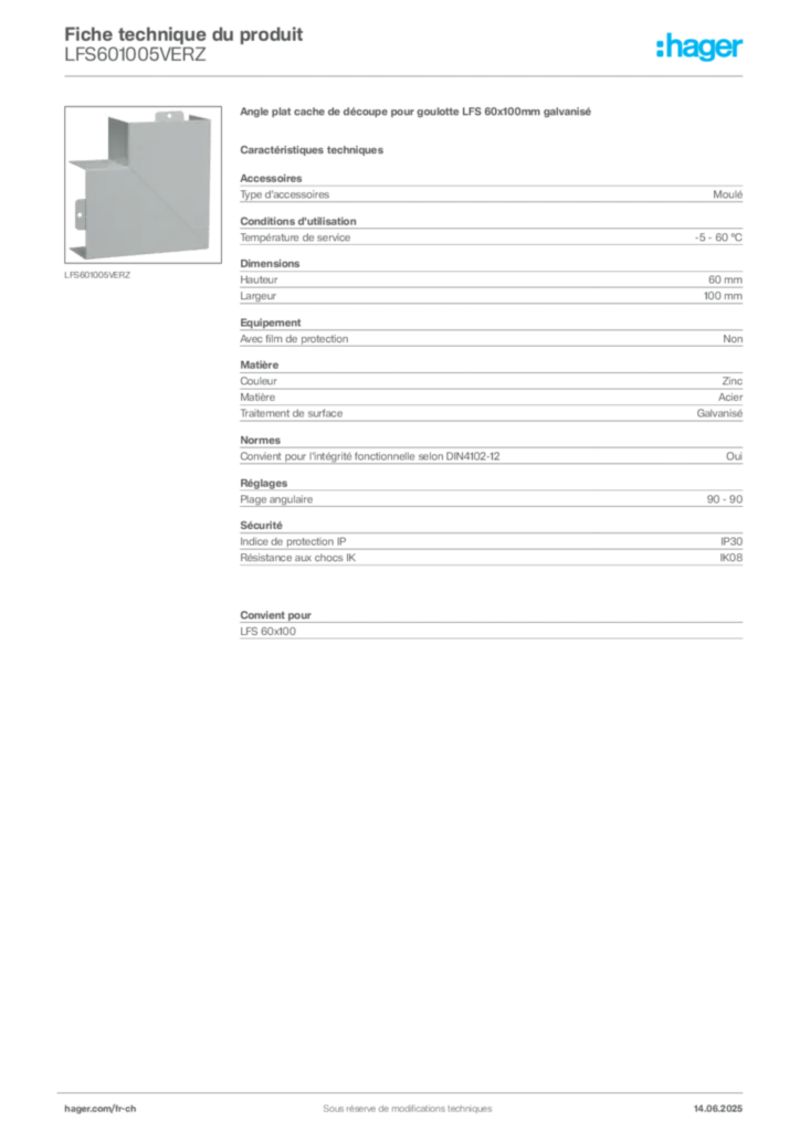 Image Hager Fiche technique du produit LFS601005VERZ | Hager Suisse