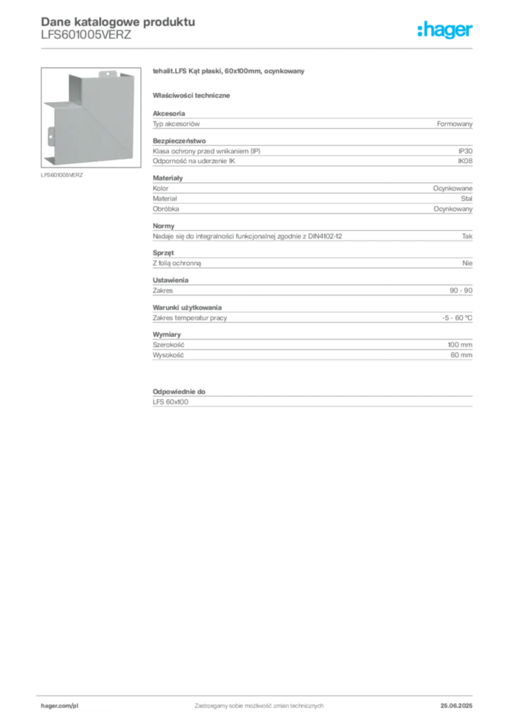 Zdjęcie Hager Karta katalogowa LFS601005VERZ | Hager Polska