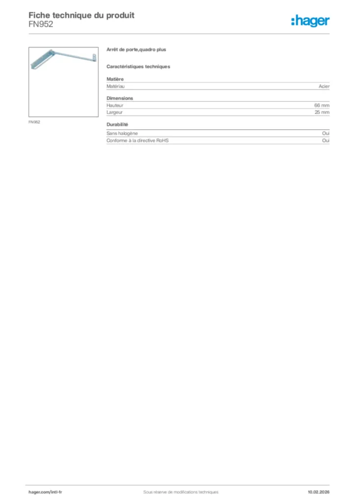 Image Hager Fiche technique du produit FN952 | Hager Afrique