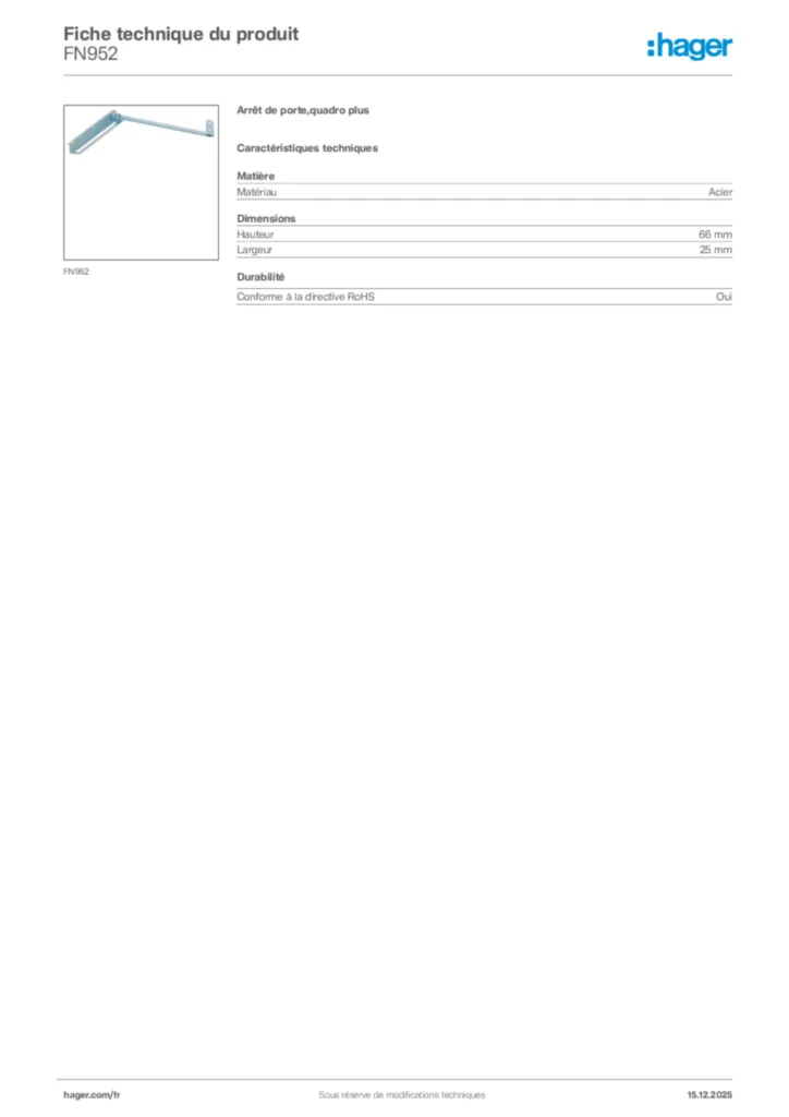 Image Hager Fiche technique du produit FN952 | Hager France