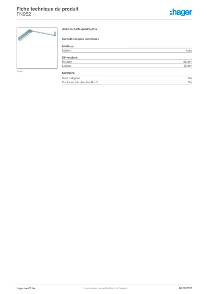 Image Hager Fiche technique du produit FN952 | Hager Belgique