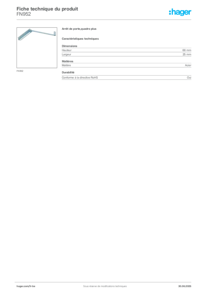 Image Hager Fiche technique du produit FN952 | Hager Belgique
