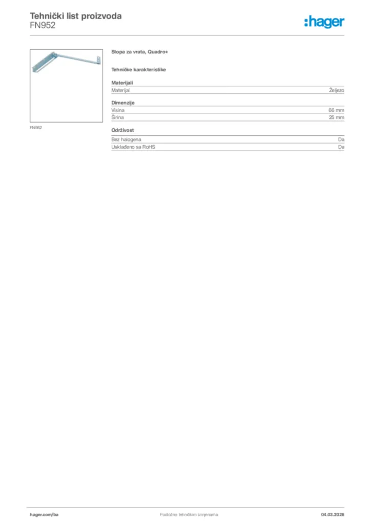 Slika Hager Tehnički list proizvoda FN952  | Hager