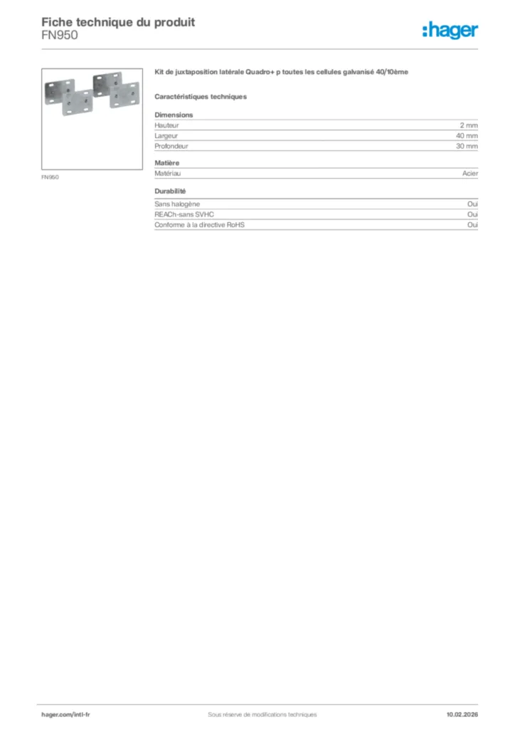 Image Hager Fiche technique du produit FN950 | Hager Afrique