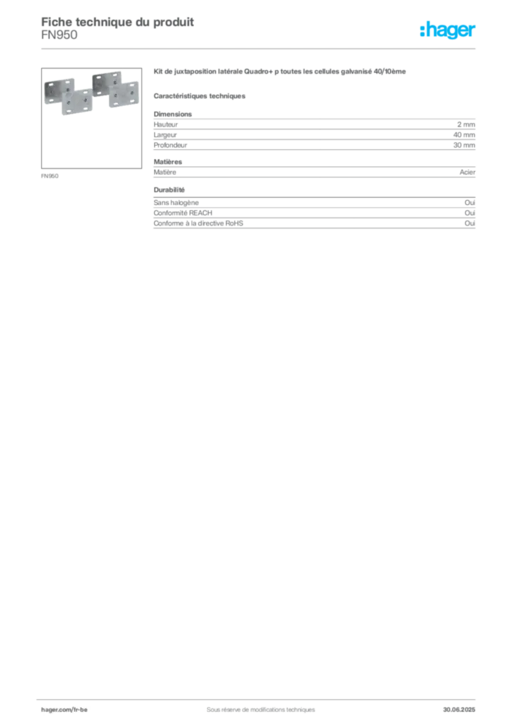 Image Hager Fiche technique du produit FN950 | Hager Belgique