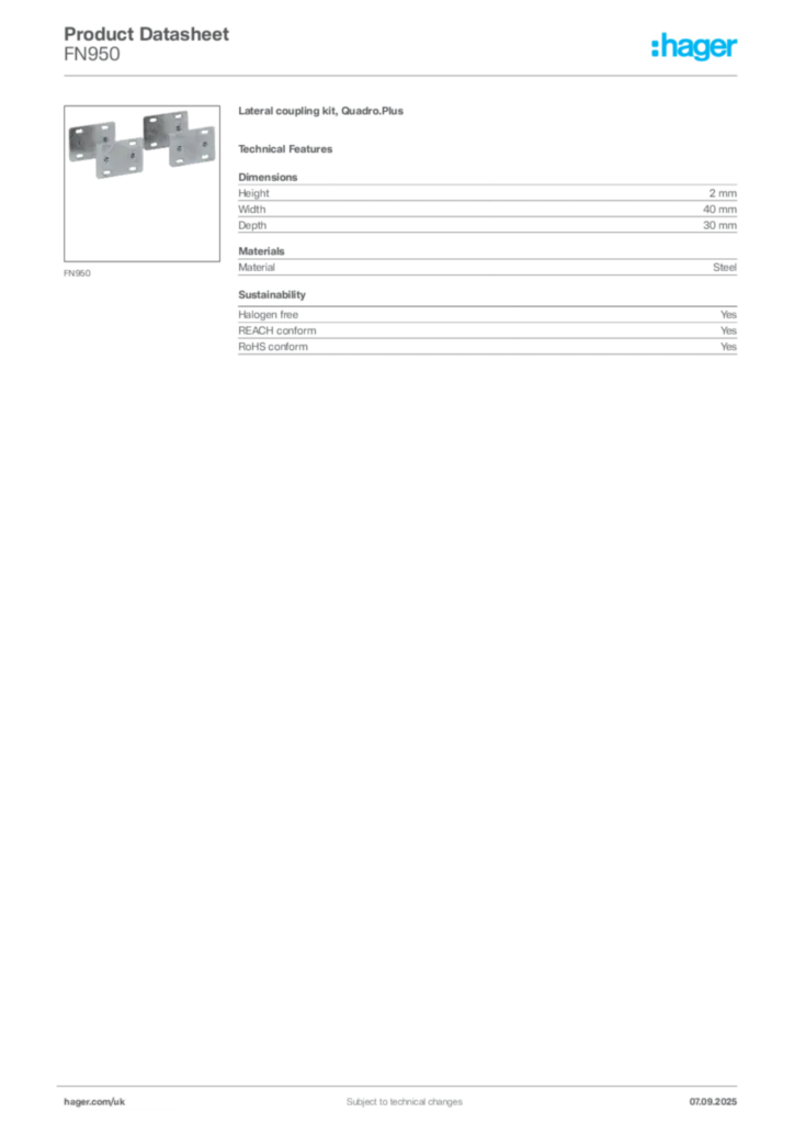 Image Hager Product data sheet FN950  | Hager
