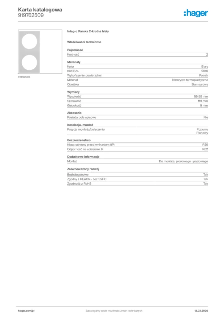 Zdjęcie Hager Karta katalogowa 919762509 | Hager Polska